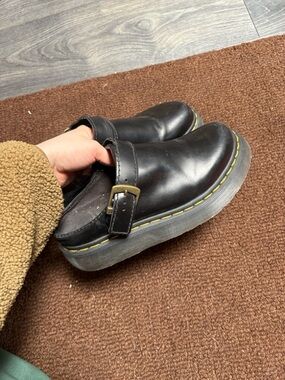 Dr. Martens Black Leather Mary Jane Platform Clogs with Yellow Stitching